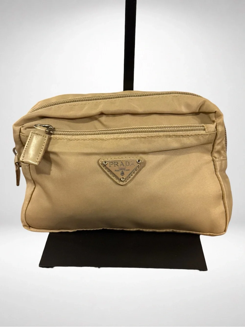 PRADA Authentic Nylon Cosmetic Pouch Beige Zip Makeup Travel Toiletry Bag